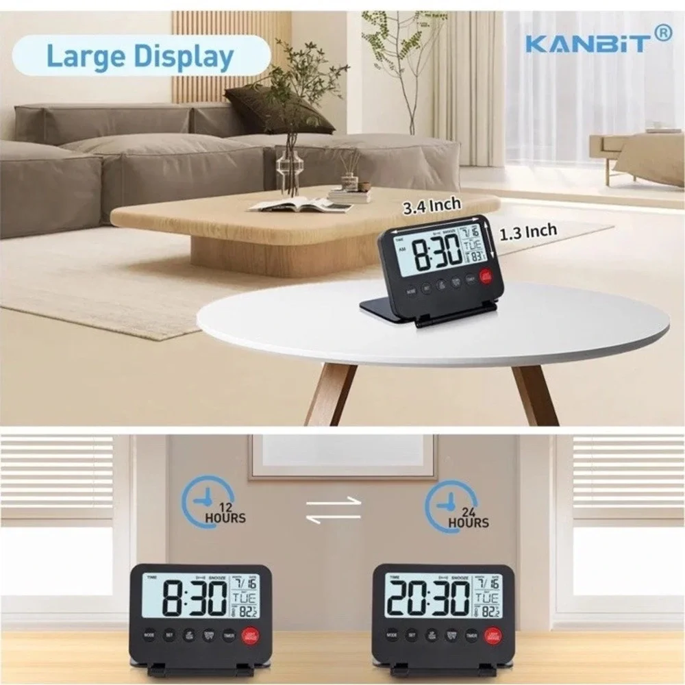Small Digital Travel Alarm Clock, Large LCD Display Front Button‎ with Black